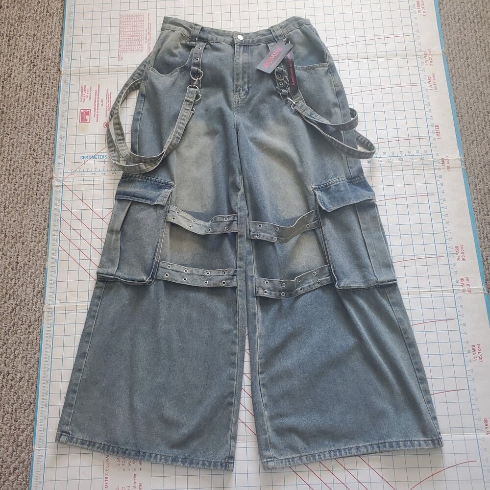 Romwe Wide Leg Cargo Jeans Women's Size 12 XL New Baggy Emu Goth Y2K Punk Denim